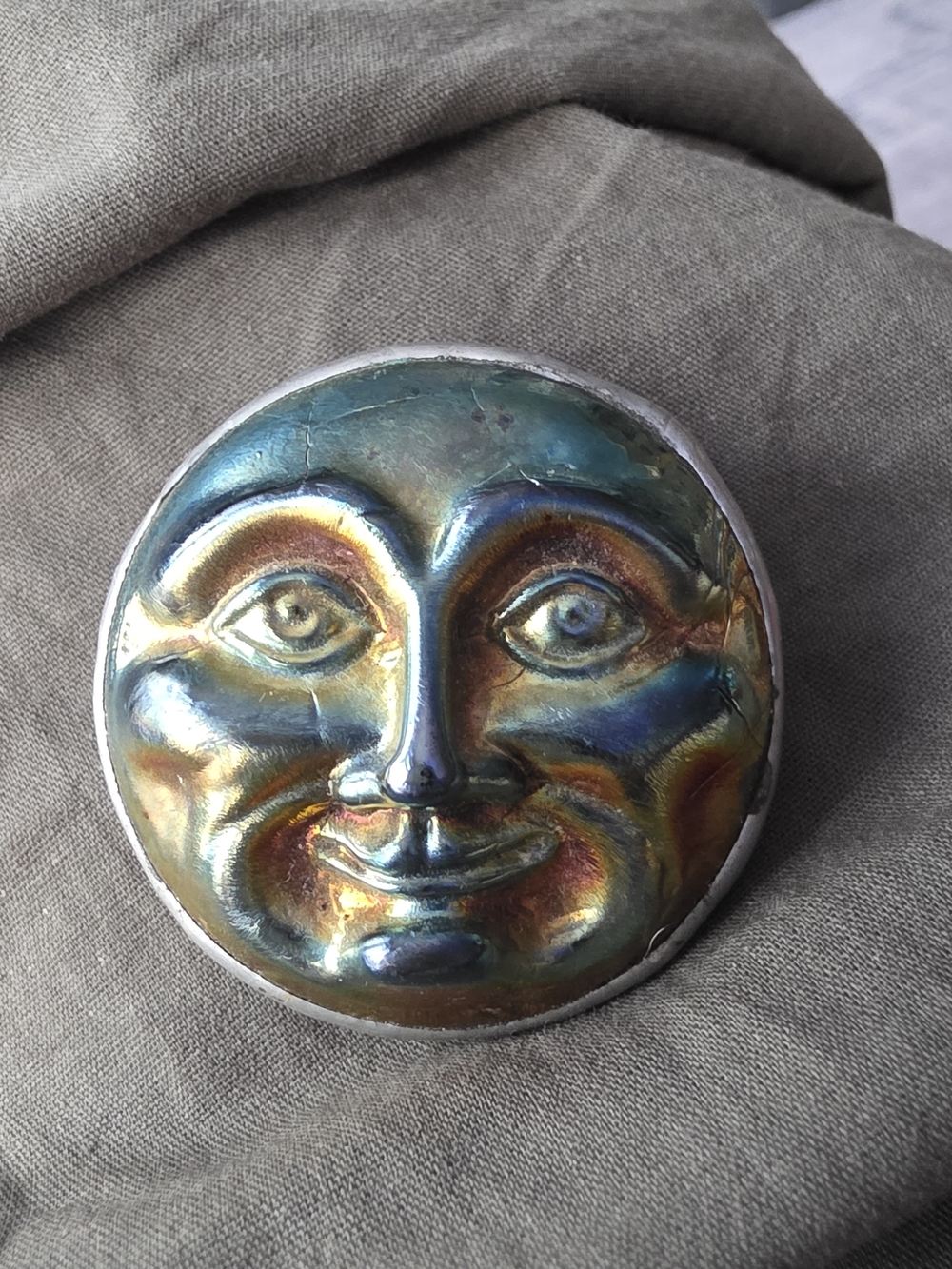 Iridescent Full Moon Face Celestial Brooch/Pin Crafted Studio Art-3D 1990s Boho